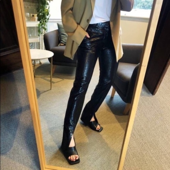 Zara Croc Leather Split Hem Pants New 